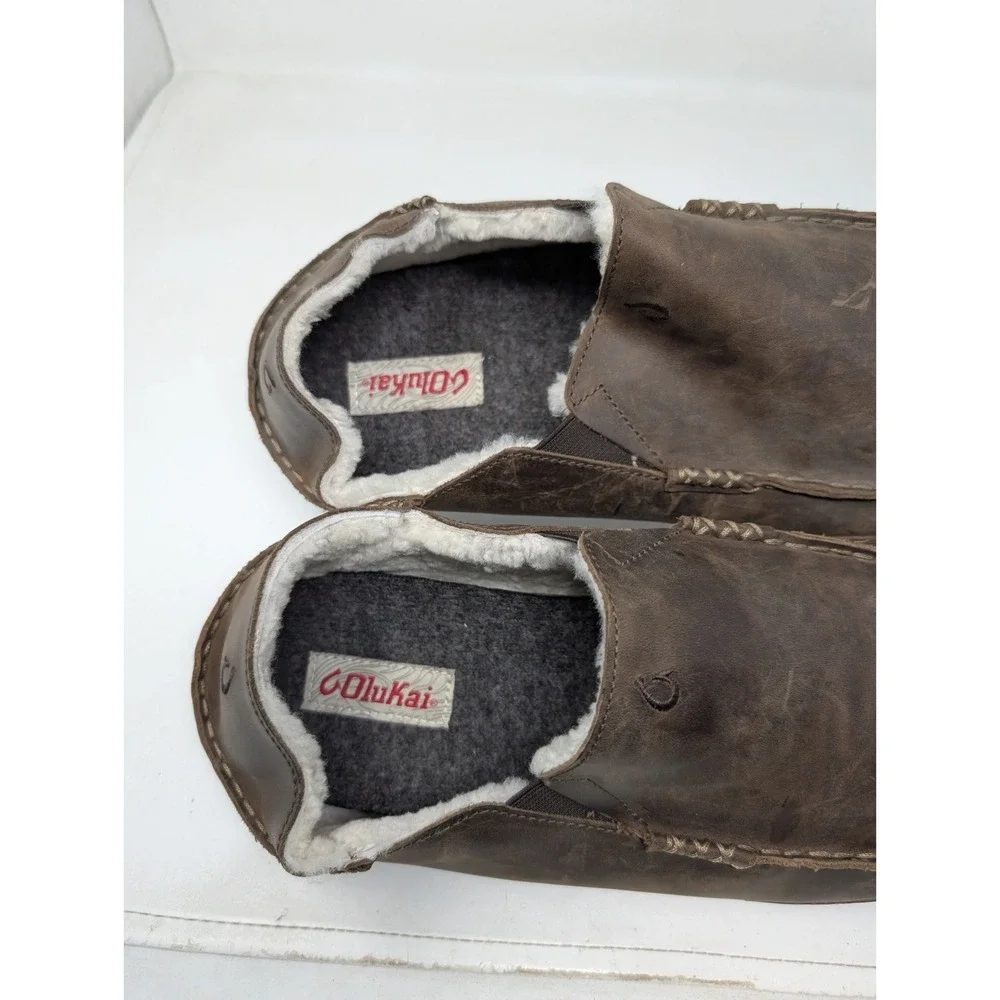 Olukai Moloa Men's Size 14 Leather Shearling Slippers Shoes Sheep Fleece Lined‎